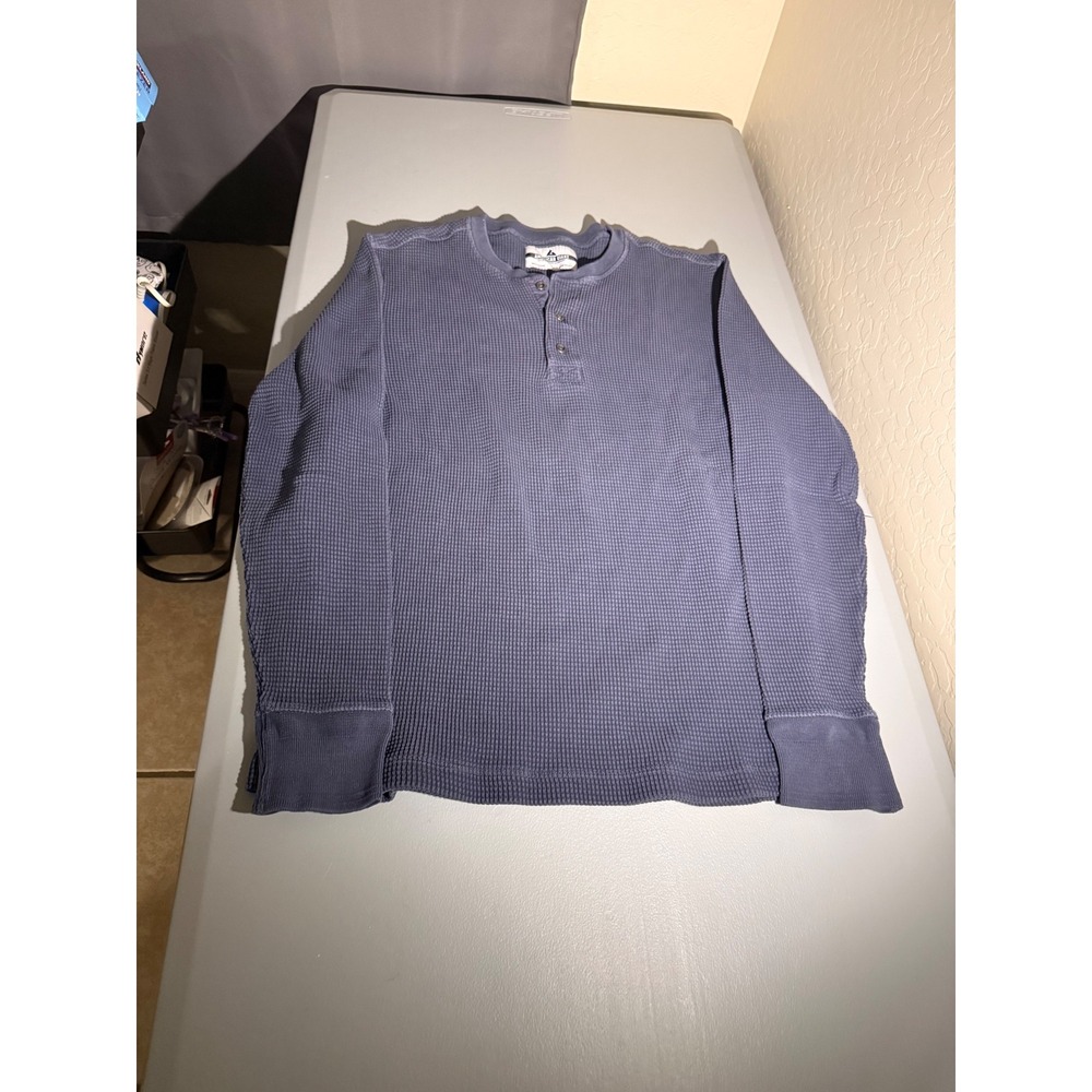 American Giant Mens Waffle Knit Henley Shirt Blue Grey Long Sleeve Cotton Large